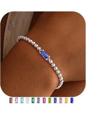 Women's Light Blue Silver Plated Birthstone Beaded Bracelet Dainty Jewelry Gift
